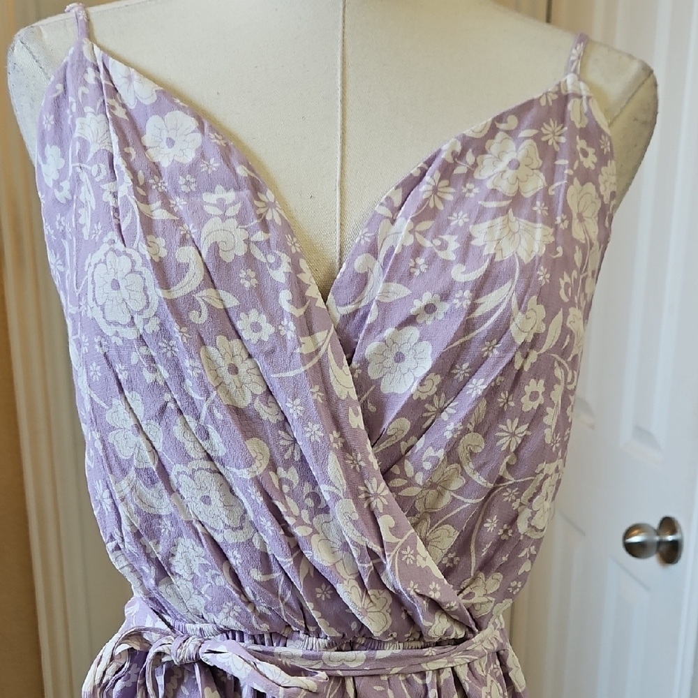 Crystal Doll Lilac and White Floral V Neck Spaghetti Strap Ruffle Hem Romper - Picture 3 of 9